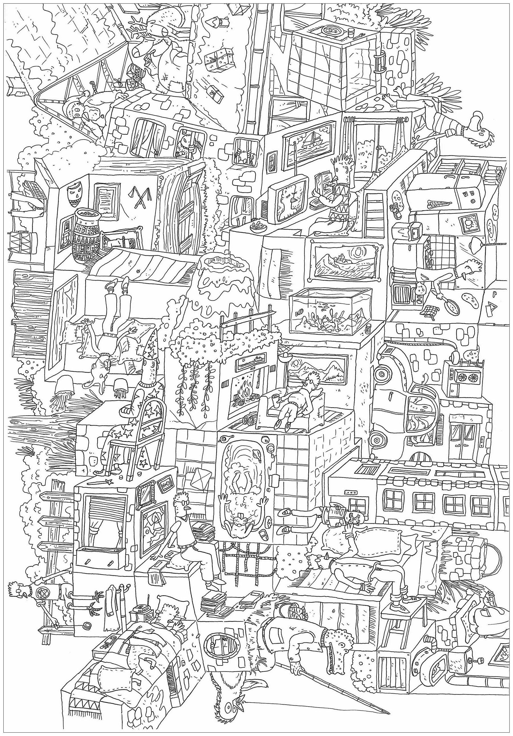 'Meli melo', a complex coloring page, 'Where is Waldo ?' style, Artist : Frédéric Brogard