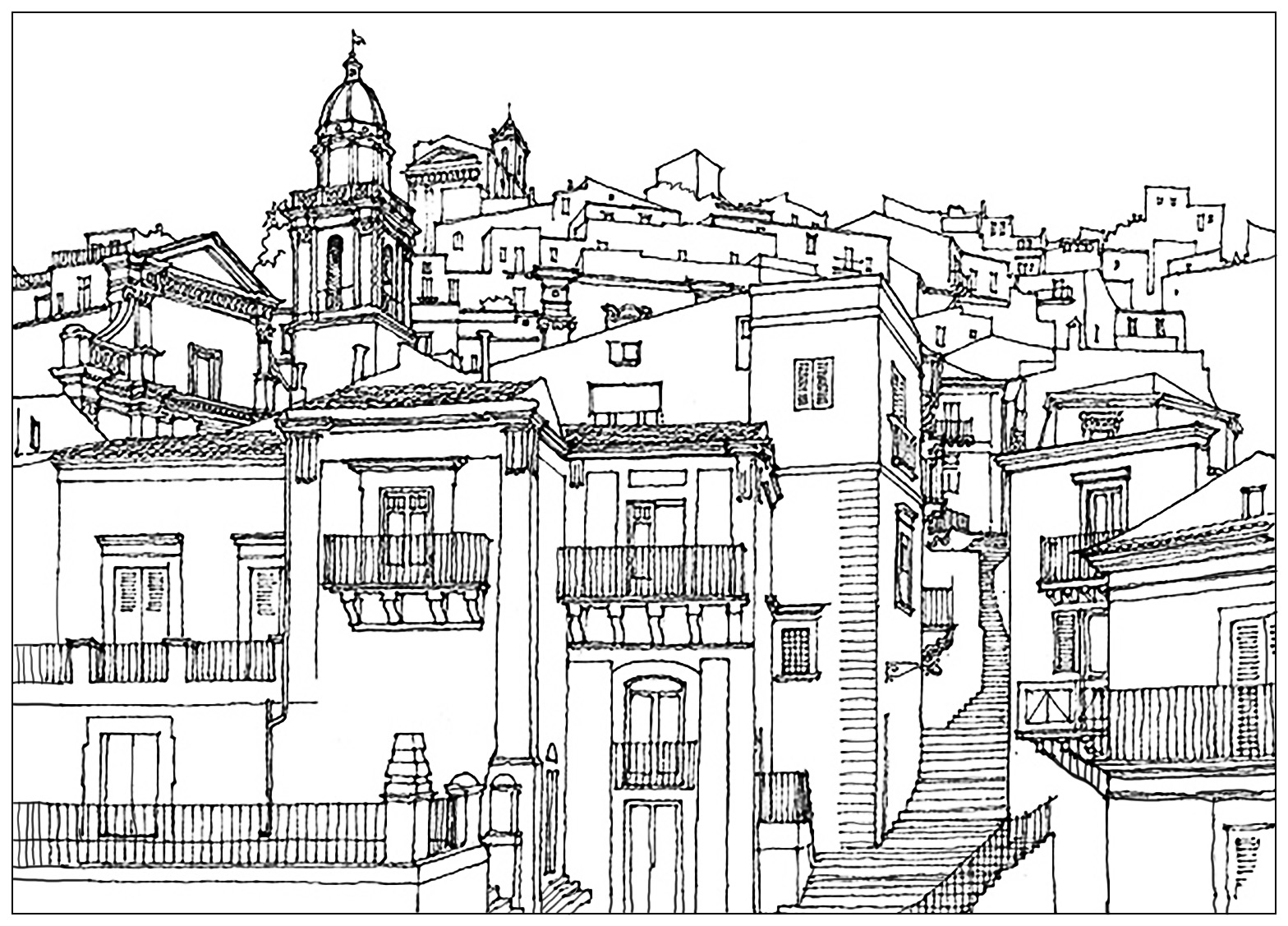 Drawing of a village in Sicilia (Italia)