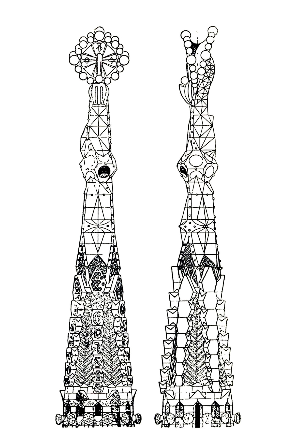 Drawing of two towers of the Sagrada Familia : the unfinished Cathedral by Gaudi