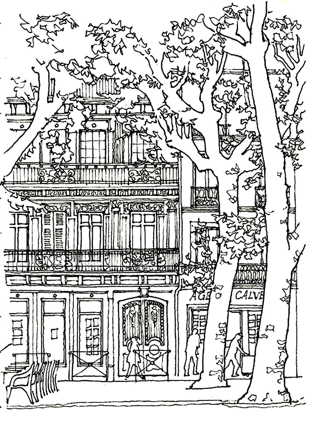 Harmony between habitat and vegetation. A lovely house surrounded by lush trees.A peaceful and serene scene, for a coloring page that can inspire you to find a balance between habitat and vegetation.