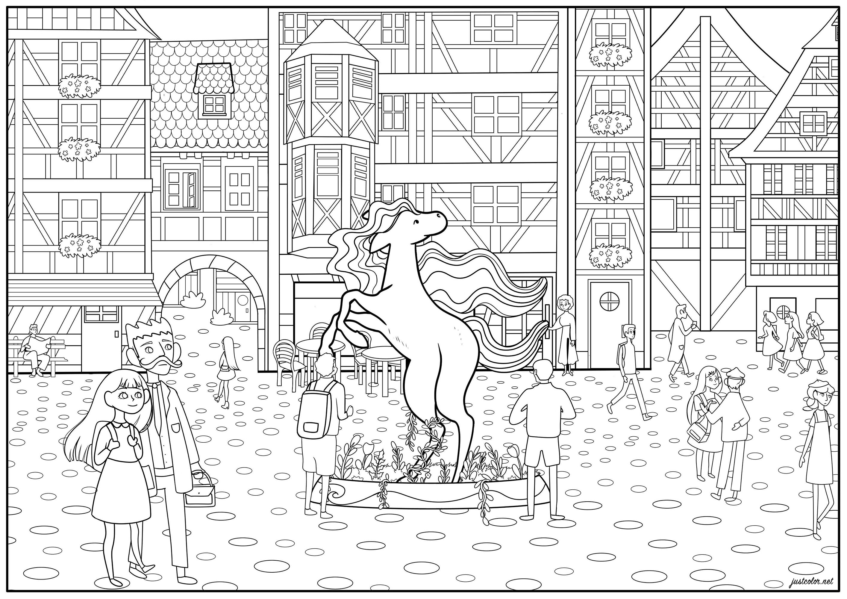 Coloring page of a sunny afternoon in a downtown with timbered houses, and an unicorn statue