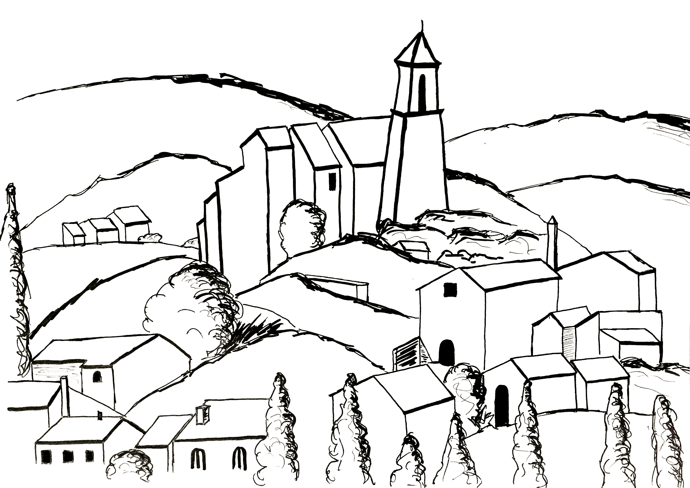 Coloring page inspired by a painting of Paul Cézanne: Gardanne (version 2). Gardanne, a village located in France, in the Provence-Alpes-Côte d'Azur region, is the only village painted by Cézanne, Artist : Olivier