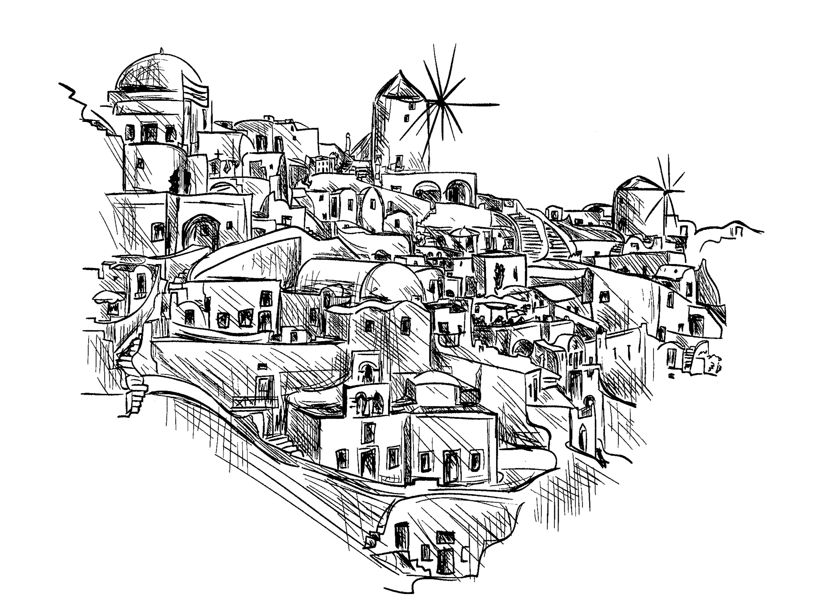 Drawing of a traditional village in Greece with windmill and cute houses