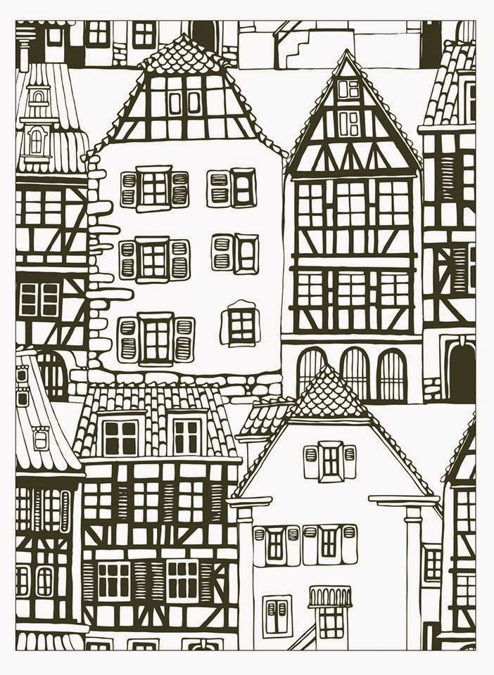 Coloring sheet of typical Alsacian houses in France