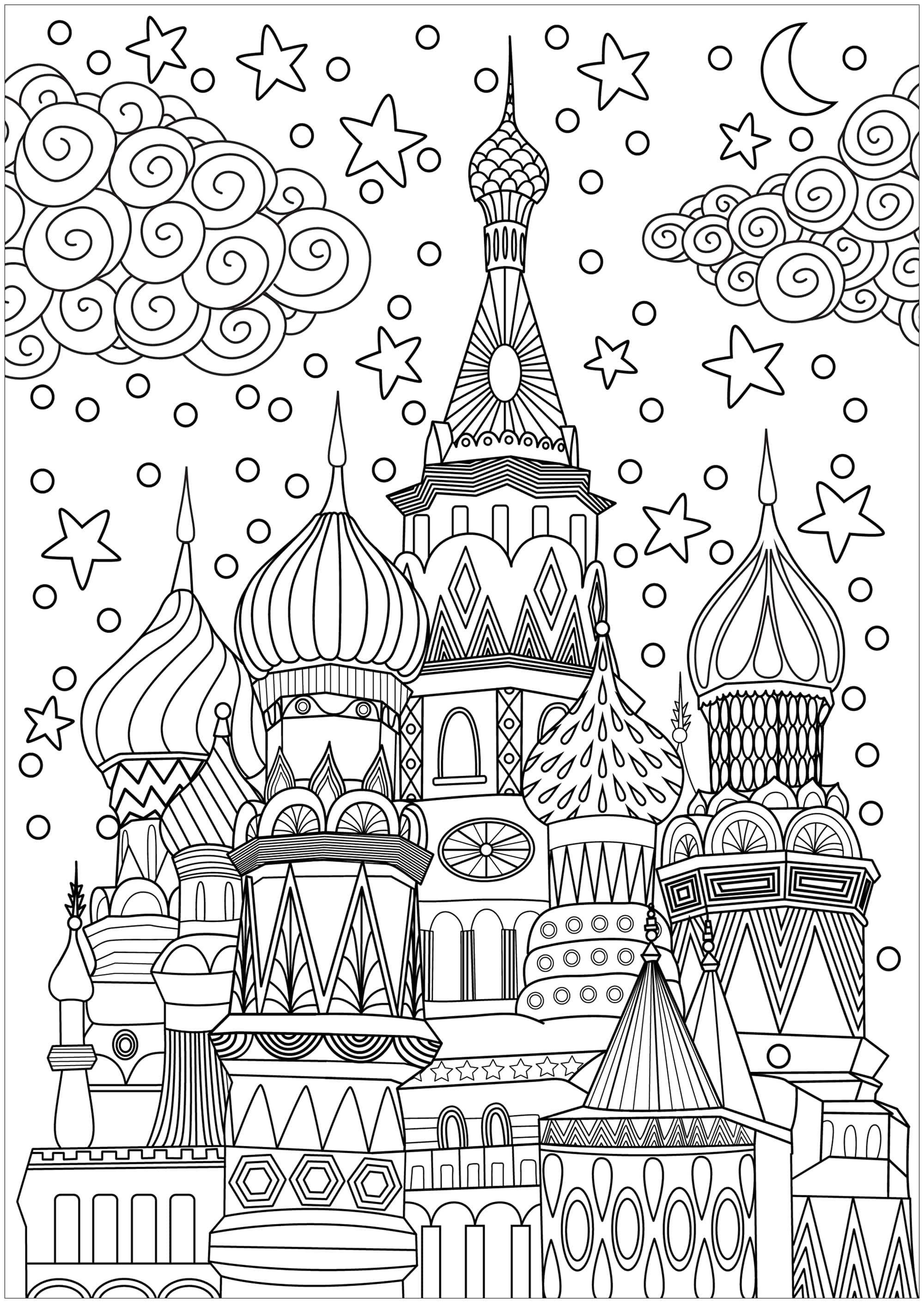 Original drawing of Red Square in Moscow, Russia, with a sky full of clouds, snow and cute stars, Artist : Elodie