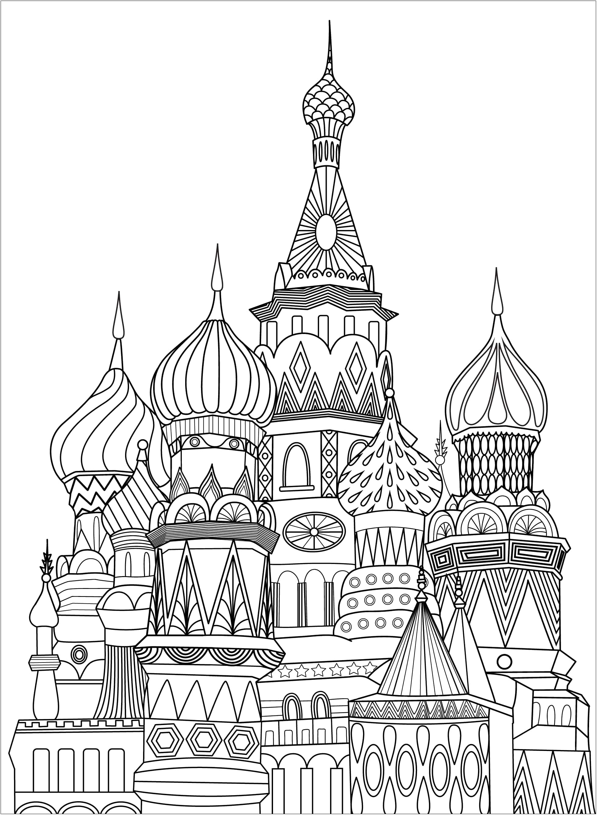 Unique coloring page representing Red Square in Moscow. Red Square is an open square in Moscow adjoining the historic fortress and centre of government known as the Kremlin, Artist : Elodie