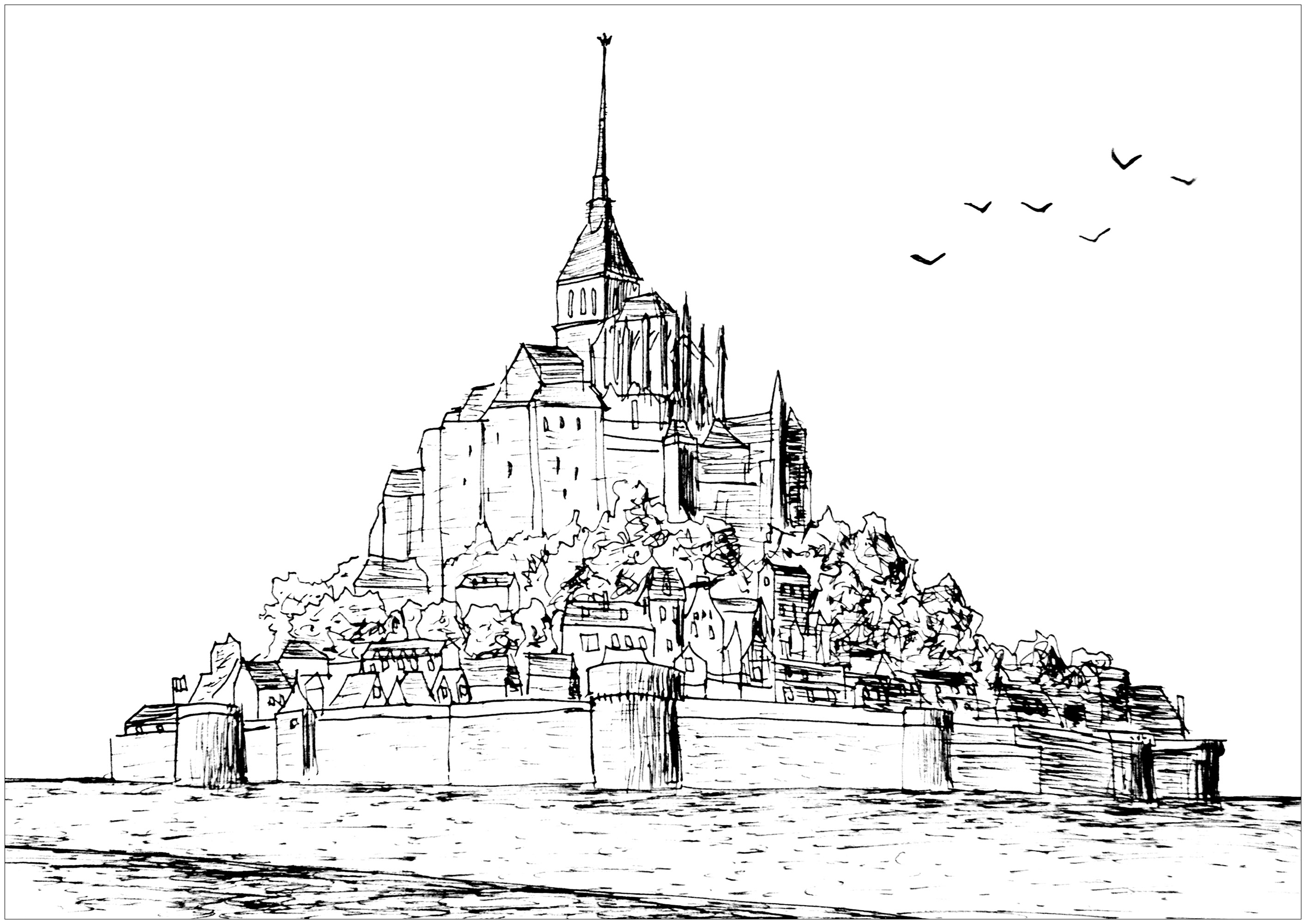 Original drawing of Mont-Saint-Michel in France. Mont Saint-Michel and its bay are on the UNESCO list of World Heritage Sites. It is visited by more than 3 million people each year, for a population of 50. Over 60 buildings within the commune are protected in France as 'monuments historiques', Artist : Benoît Gavrel (Instagram : benoit_gv)