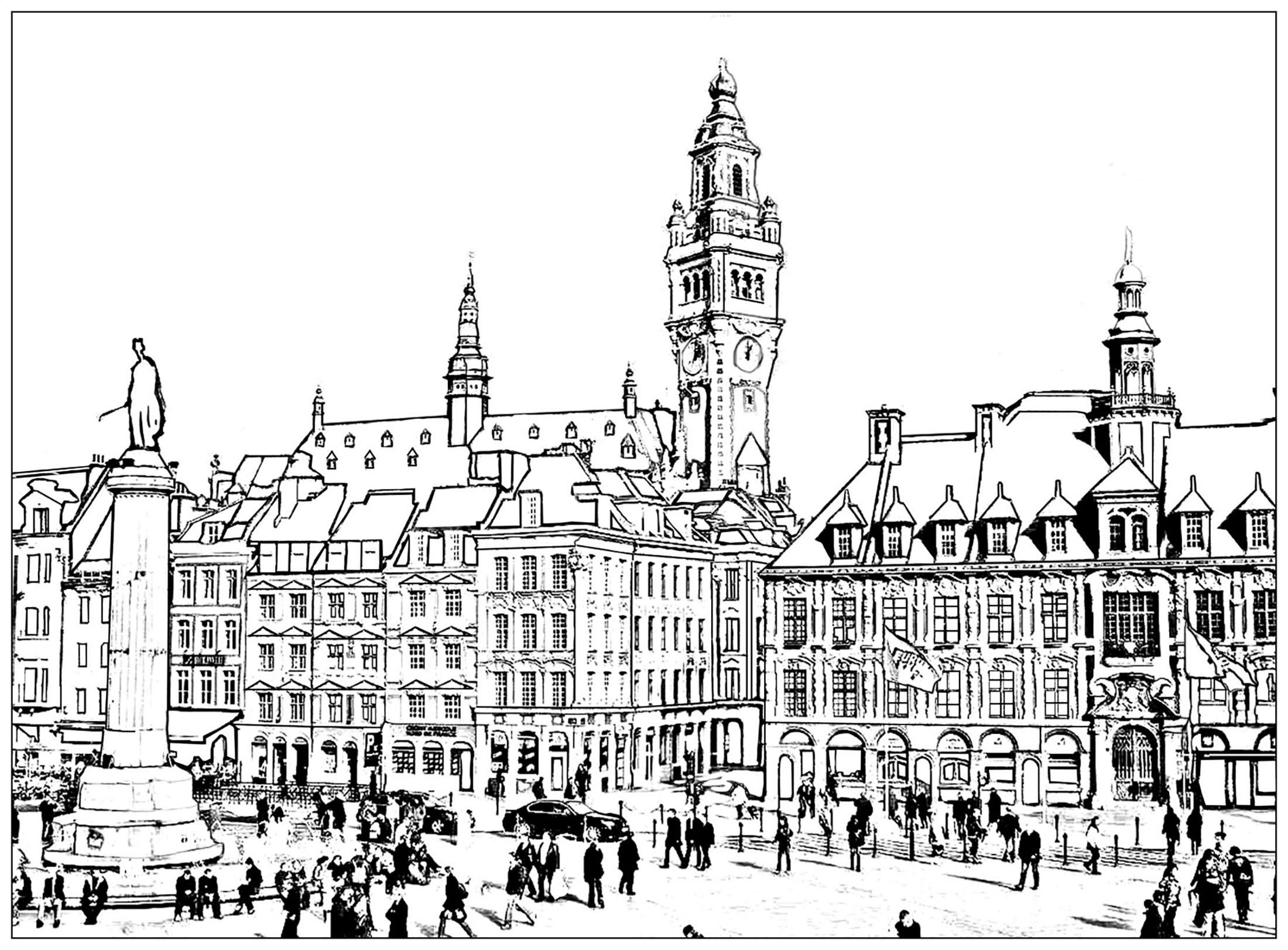 Coloring page of the City of Lille, in North of France