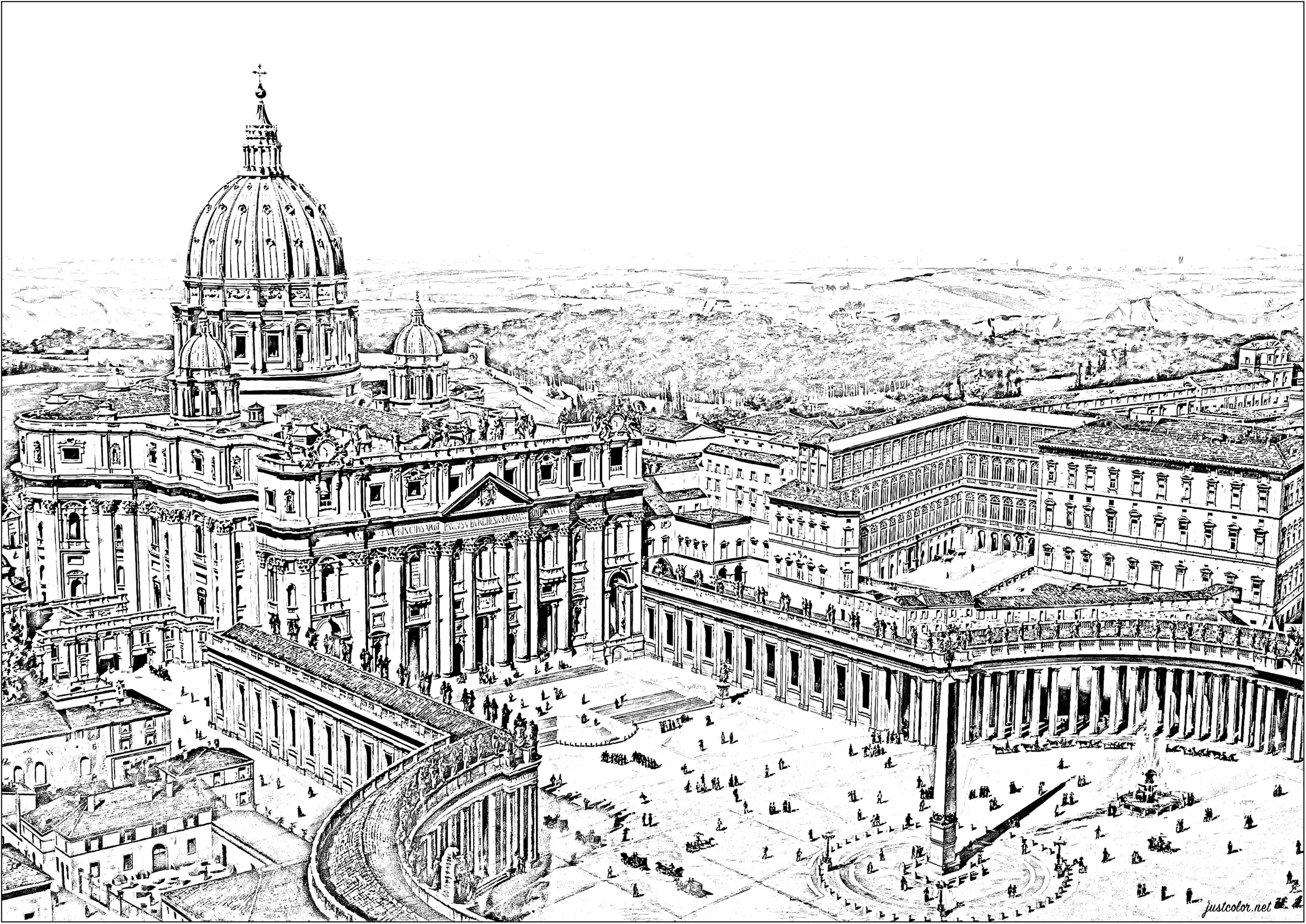 St. Peter's Square in Rome, coloring page based on a 19th-century engraving. St. Peter's Square in Rome, a true architectural masterpiece, has welcomed pilgrims from all over the world since the construction of St. Peter's Basilica began in 1506. It is encircled by the elegant arms of Bernini's colonnade.