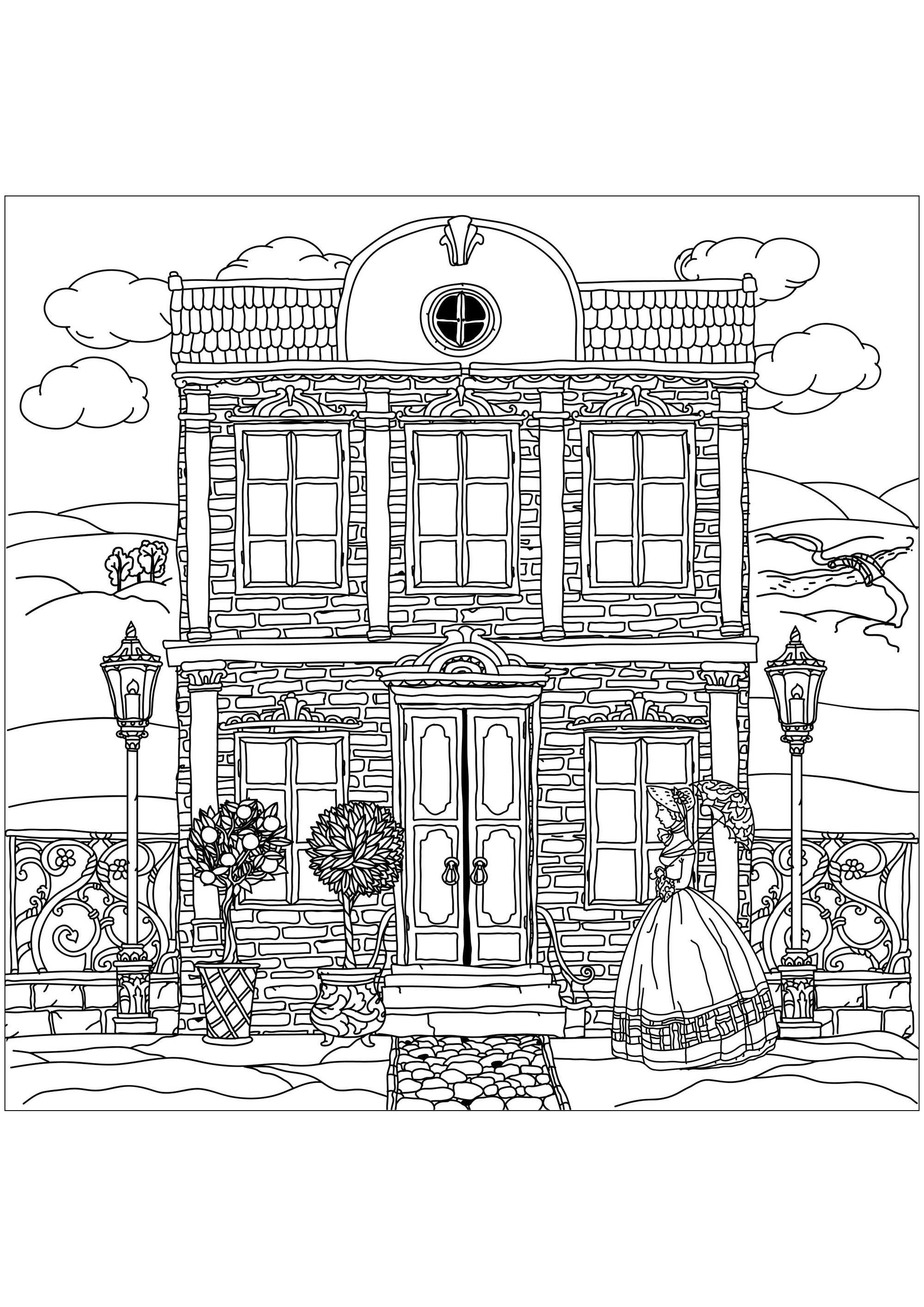 Victorian house and young woman dressed with the elegance of the time. Travel back in time with this beautiful coloring page!, Source : 123rf   Artist : Mashabr