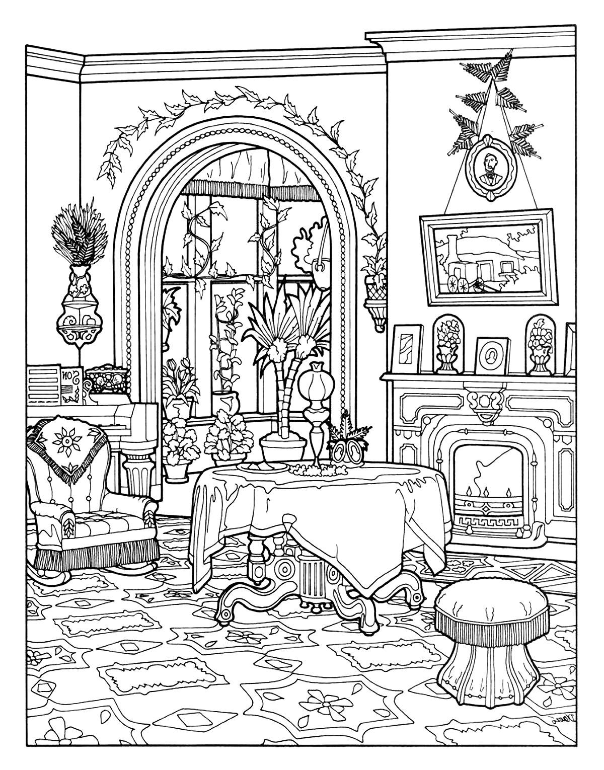 Coloring sheet of a Victorian interior