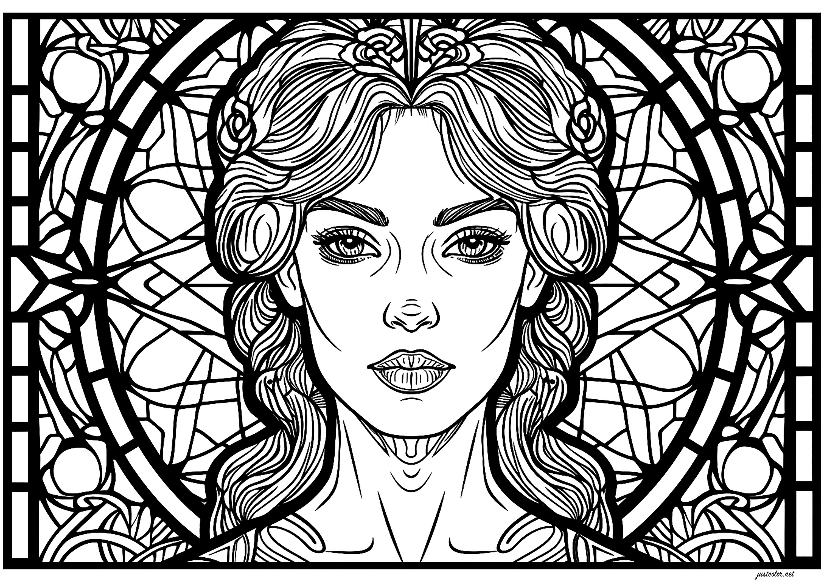 Woman s Face In An Art Deco Stained Glass Window Art Deco Coloring 