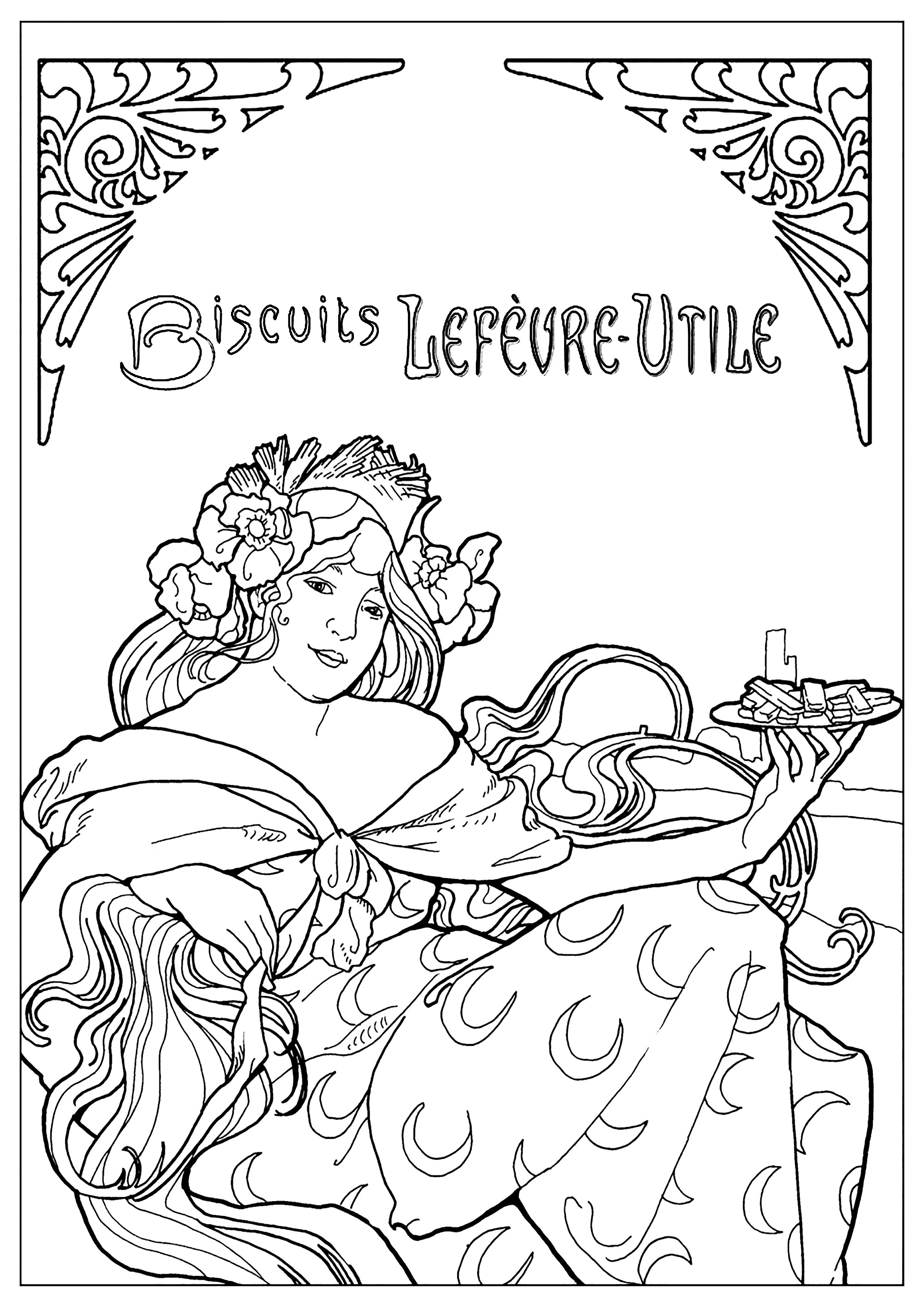 Coloring created from an advertising poster for Biscuits Lefèvre-Utile (L. U) by Alfons Mucha (1896)This poster is typical of the Art Nouveau style. A period copy can be seen at the Musée Carnavalet (musée de l