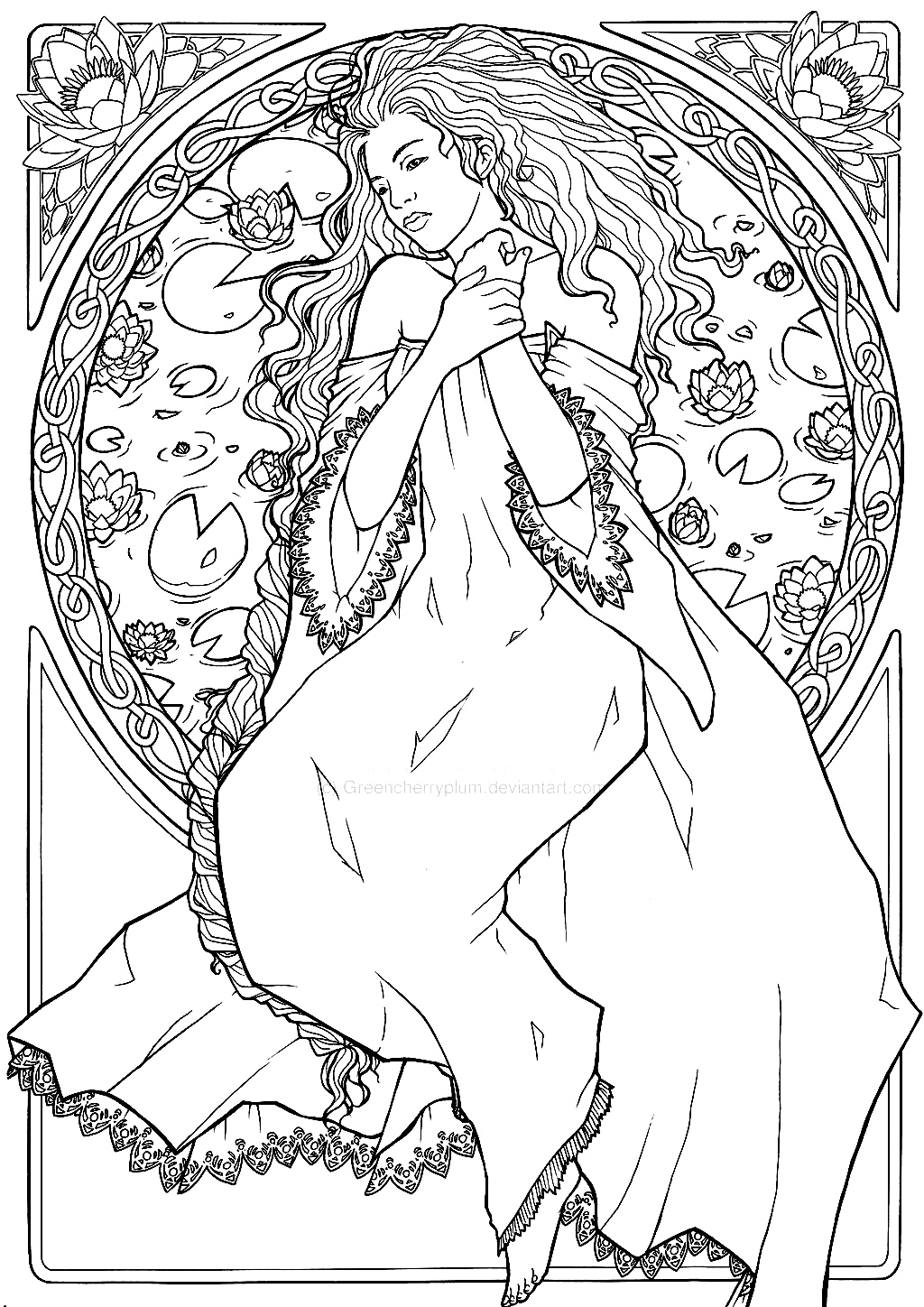 A modern design freely inspired by Art Nouveau. The illustrator of this coloring page was inspired by the works of Alfons Mucha, a major artist of the Art Nouveau style.