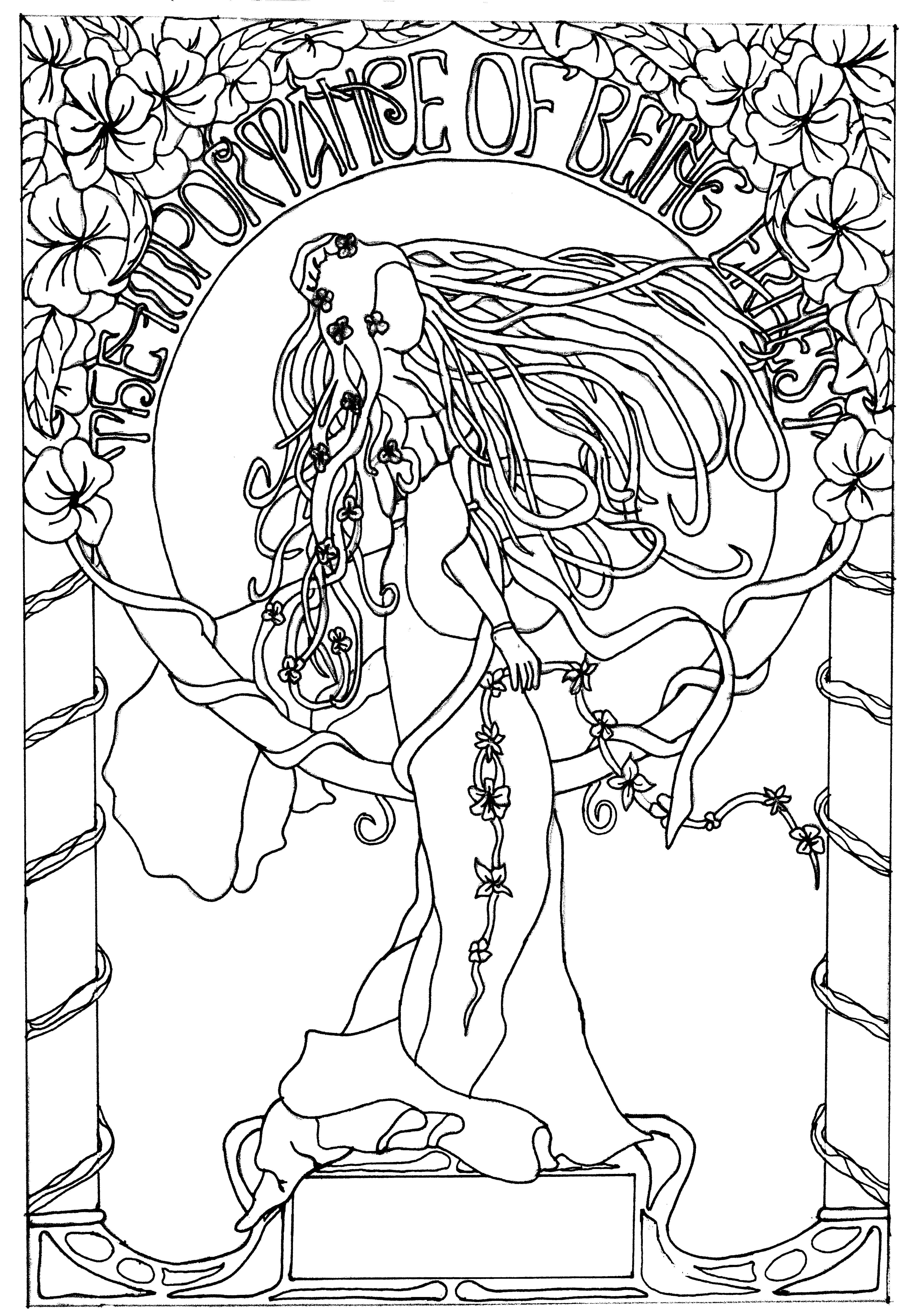 An Art Nouveau free coloring page, with a woman in the wind