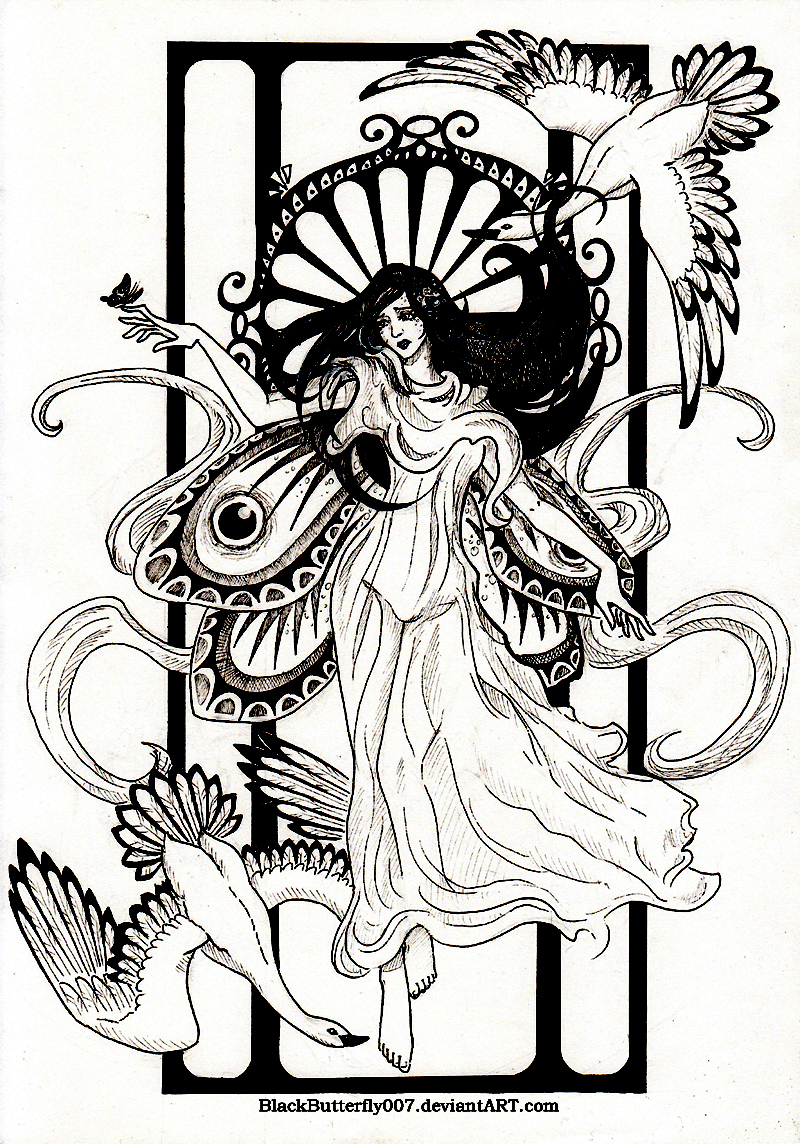 A magnificent drawing inspired by Art Nouveau style, with a woman and geese flying around her