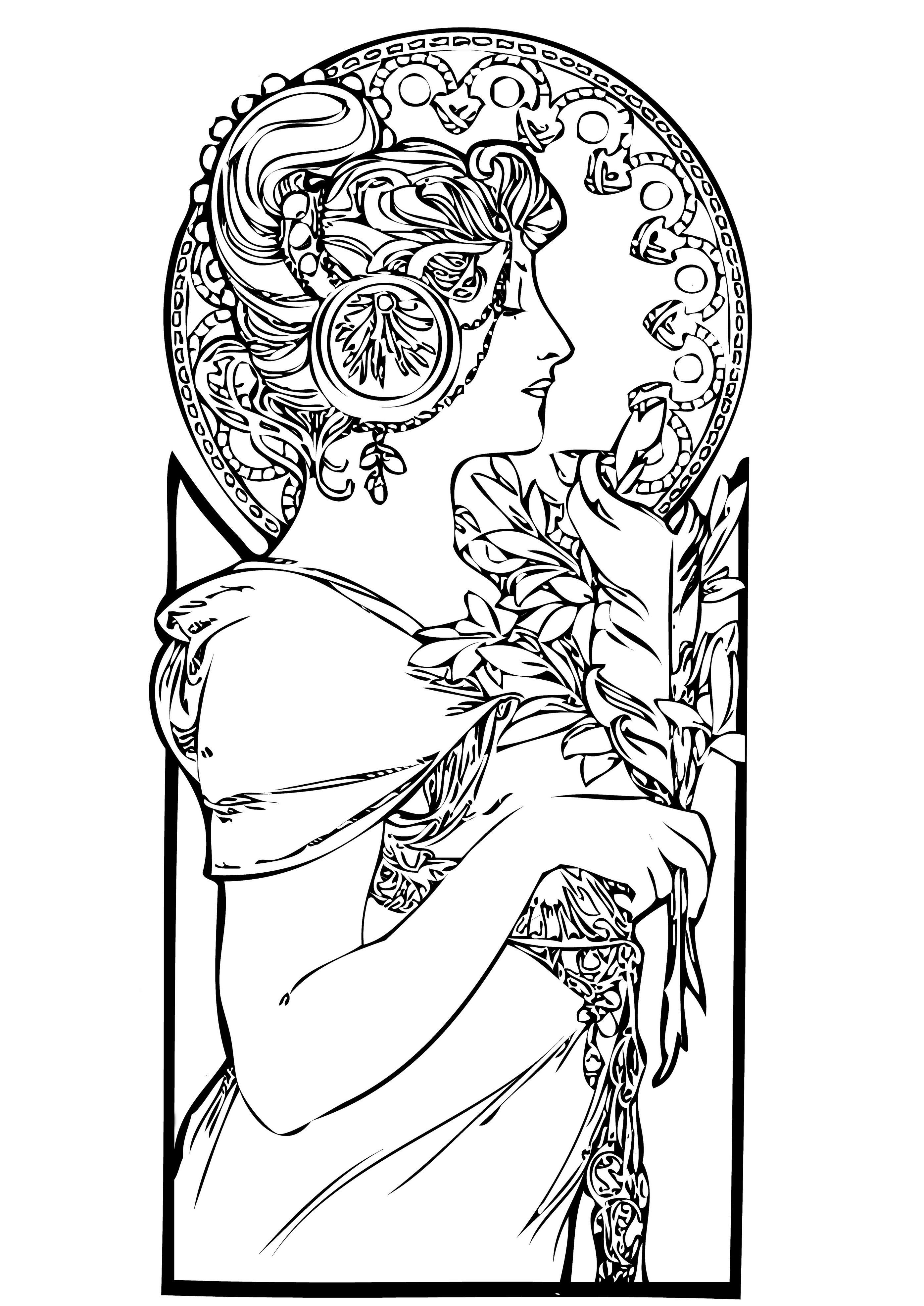 A beautiful woman drawn with Art Nouveau style, with an elegant woman in profile