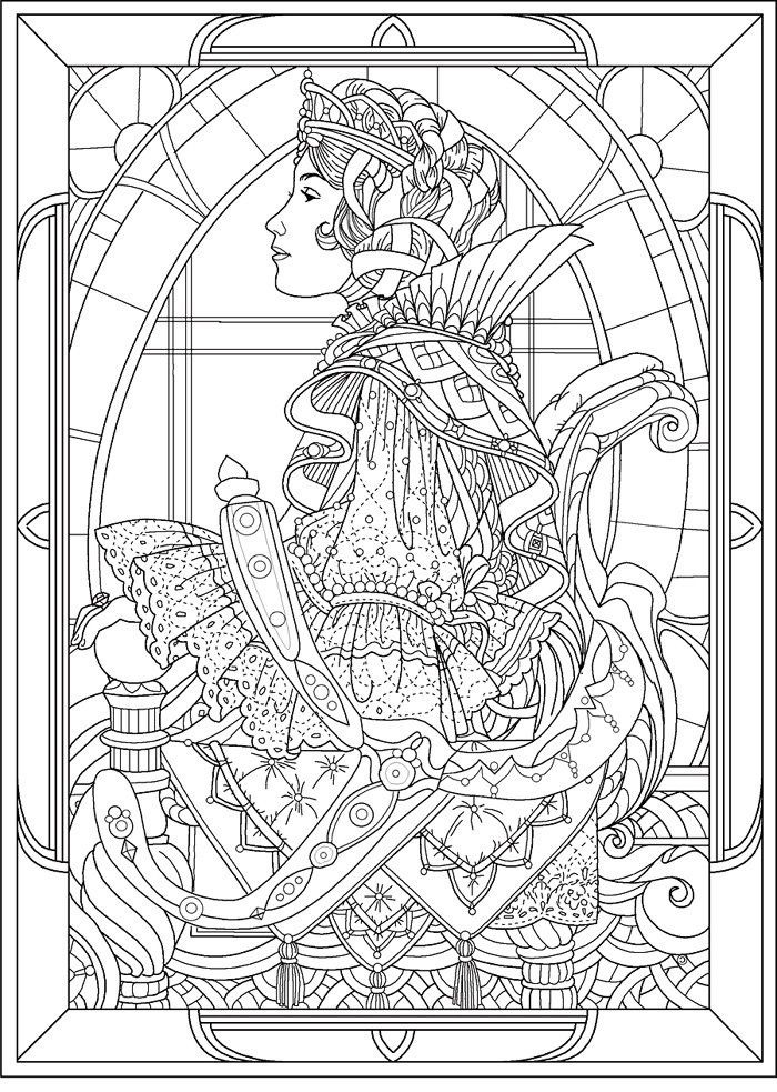 Coloring picture of A Queen. Mix of Art Nouveau and medieval styles (stained glass in the background)