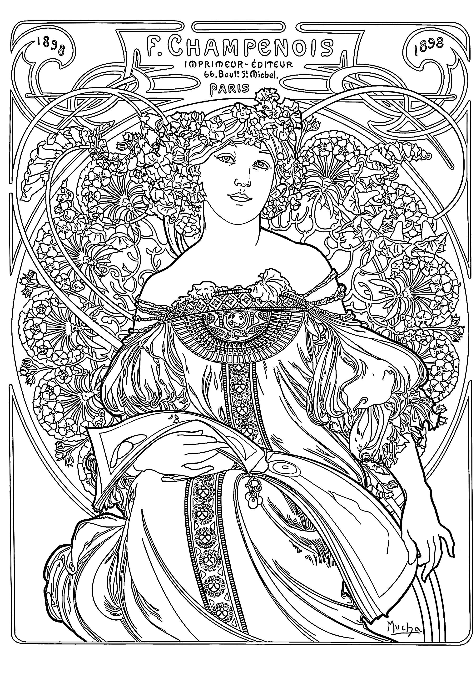Coloring based on an advertising poster created in 1897 by Alfons Mucha for the Parisian printer Champenois. This coloring depicts a woman in a long, flowing dress with floral motifs surrounding her in an elegant circular form.As with all Alfons Mucha's creations, the details and lines are very fine and delicate.We advise you to use pastel colors to achieve a soft, serene atmosphere in your creation, Artist : Art. Isabelle