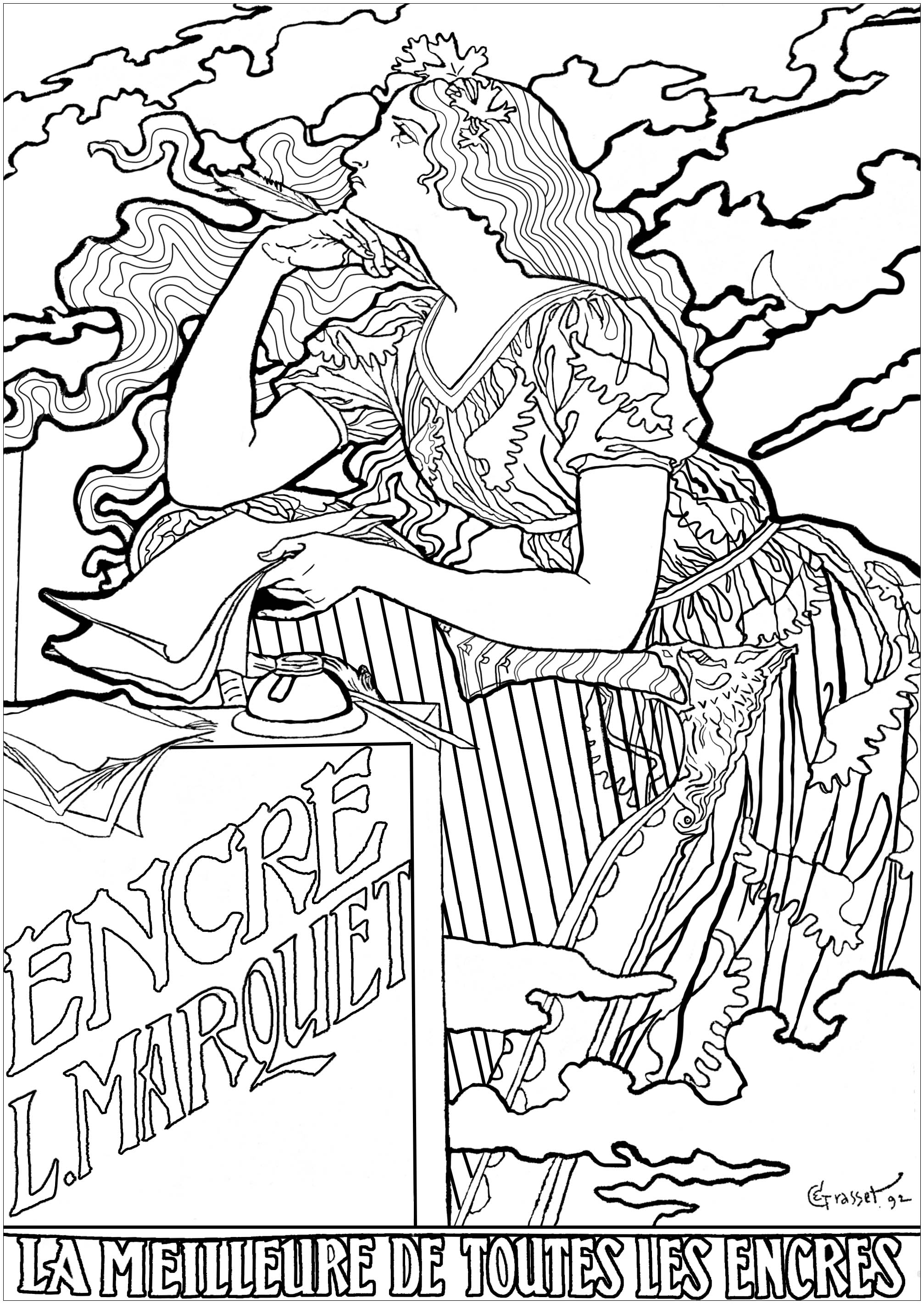 Eugène Grasset: Poster for L. Marquet inks. This coloring page is based on an advertising poster from 1892, created by Eugène Grasset for a brand of ink and highly representative of the Art Nouveau style, Artist : Olivier