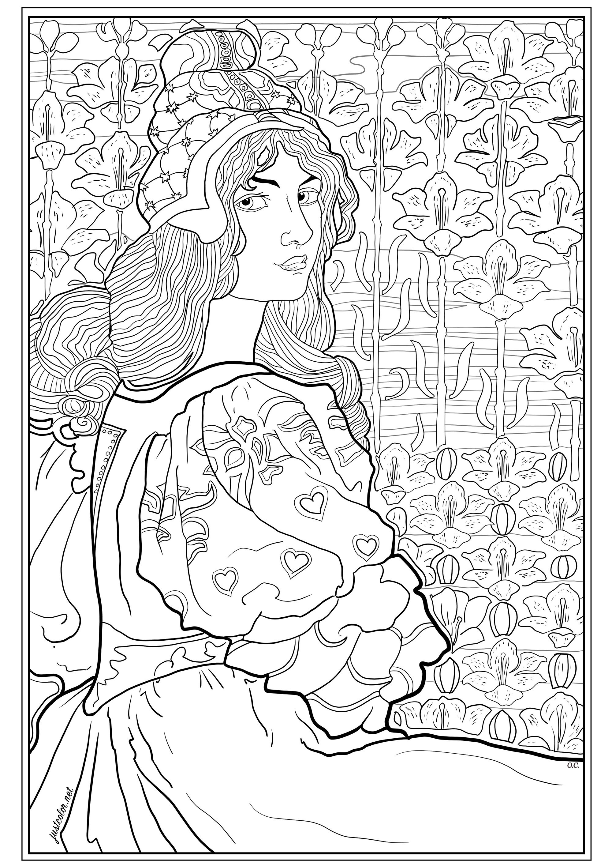Coloring created from an original lithograph by Louis Rhead (1898). This illustration, published for L'Estampe Moderne, shows Jane, a young woman with long hair, against a background of stylized lilies, Artist : Olivier
