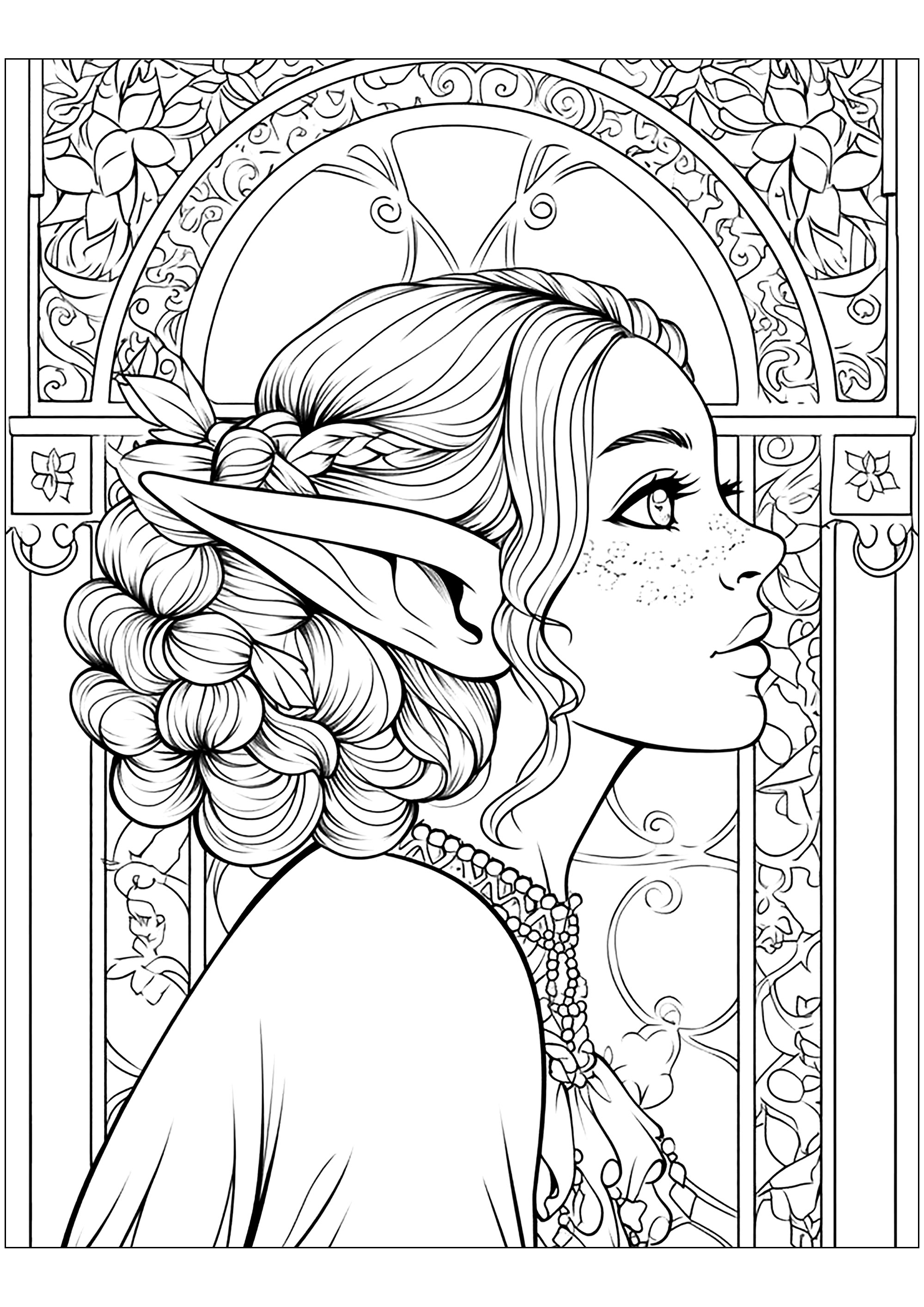Drawing of an Elf in Art Nouveau style. Pretty details to color in the background