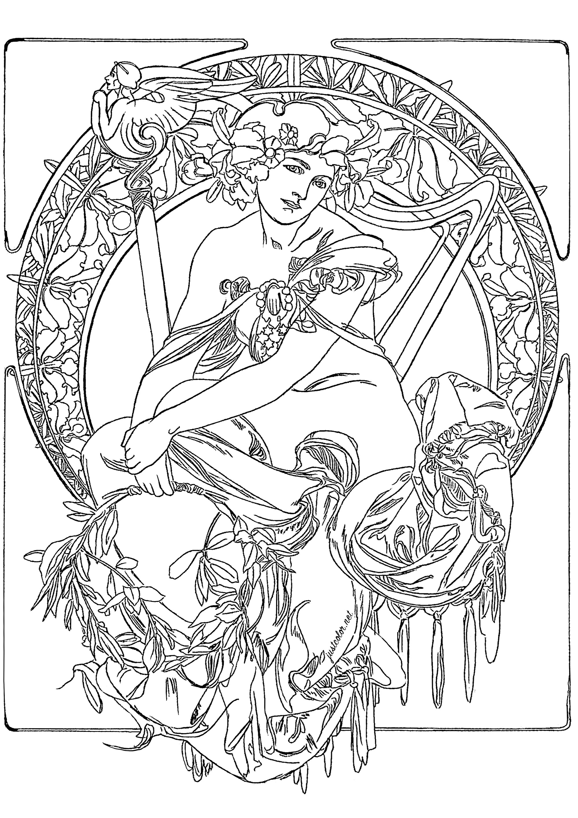 Alfons Mucha - Study for an advertising poster (1900). The composition is based on a central circle, surrounded by a series of floral and geometric motifs. The central circle features a female figure, whose clothes are adorned with floral motifs and a wreath of leaves and flowers. Although this is a sketch, the details are very precise, reflecting Mucha's finesse and attention to detail (the original drawing has been slightly reworked to allow coloring), Artist : Olivier