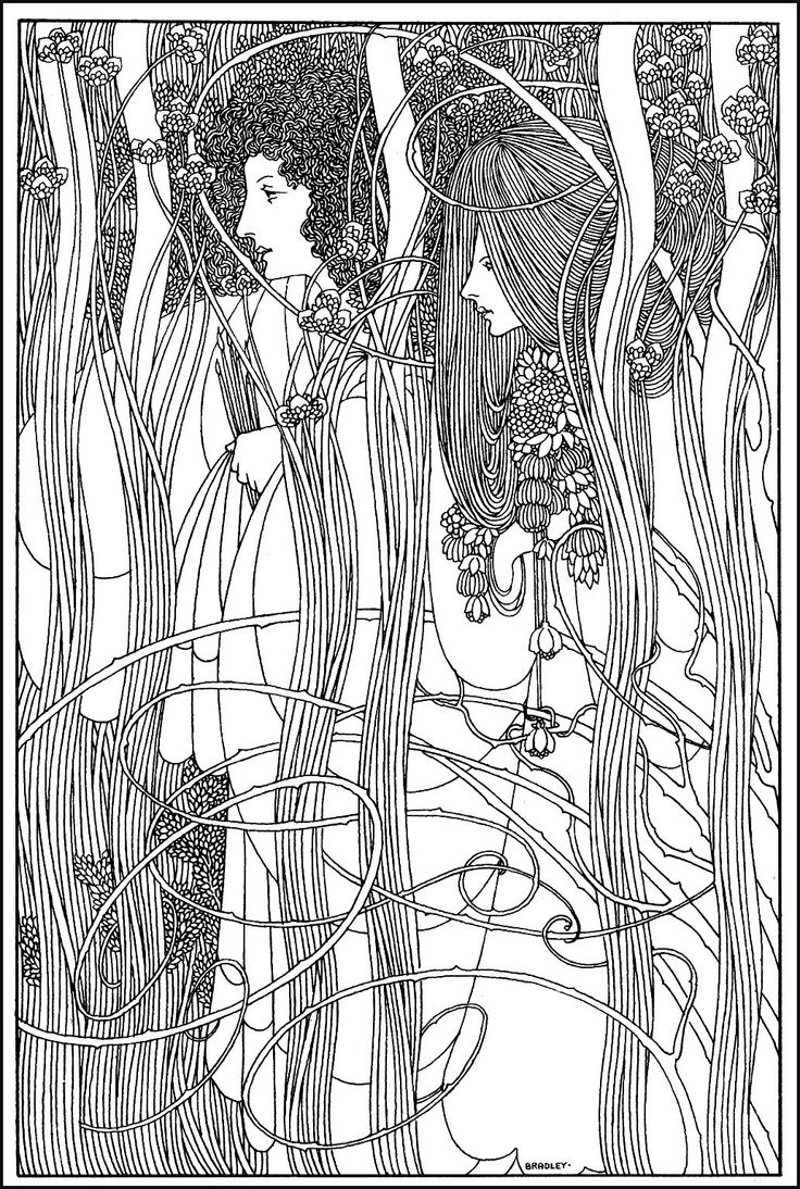 Women in forest : Coloring page inspired by a drawing by American artist William Bradley