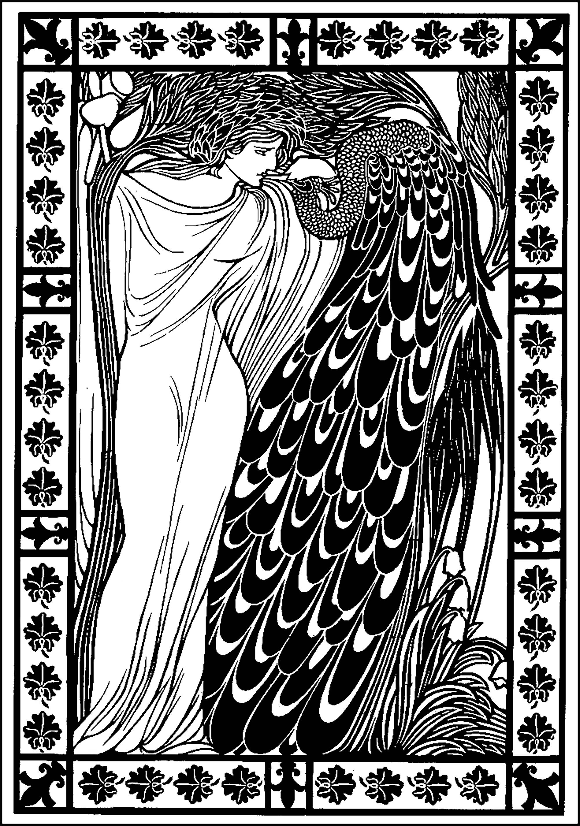 Woman and peacock : Coloring page inspired by a drawing by American artist William Bradley