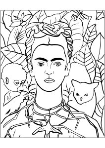 Frida Kahlo   Self portrait with Thorn Necklace and Hummingbird (1940)   thick line version