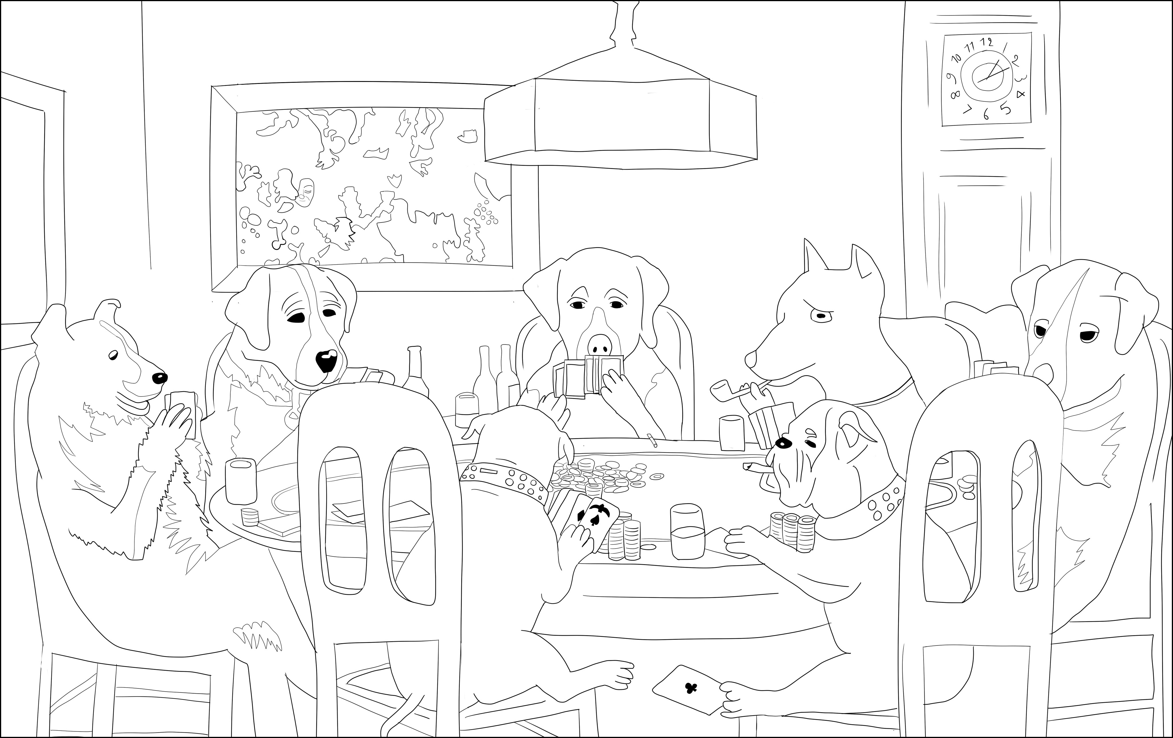 Coloring page inspired by 'A friend in Need' (1903) by Marcellus Coolidge. Marcellus Coolidge's 'A Friend in Need' humorously portrays a group of anthropomorphic dogs engaged in a poker game.This artwork is known for its whimsical and playful depiction of canine characters engaging in human activities, showcasing Coolidge's unique and lighthearted approach to art, Artist : Ji. M