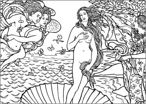 Printable Masterpiece Coloring Page for adults : Sandro Botticelli - The Birth of Venus (1486) - cropped version - 1