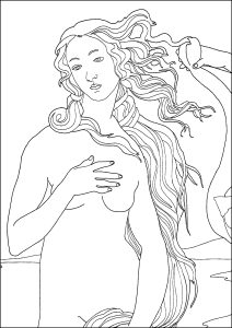 Printable Masterpiece Coloring Page for adults : Sandro Botticelli - The Birth of Venus (1486) - fine-line version