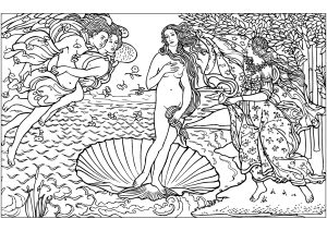 Printable Masterpiece Coloring Page for adults : Sandro Botticelli - The Birth of Venus (1486) - full version