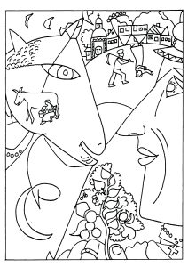 Printable Masterpiece Coloring Page for adults : Marc Chagall - I and the village (1911)