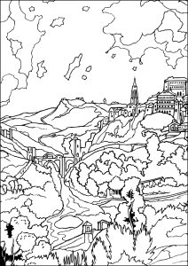 Printable Masterpiece Coloring Page for adults : El Greco - View of Toledo (1600)