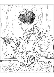 Printable Masterpiece Coloring Page for adults : Jean-Honoré Fragonard - Young girl reading (1776)