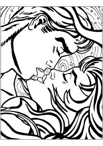 Printable Masterpiece Coloring Page for adults : Couple kissing: creation inspired by the art of Roy Lichtenstein