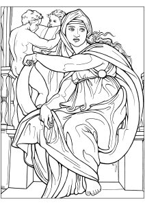 Printable Masterpiece Coloring Page for adults : Michelangelo - The Sibyl of Delphi (1509)