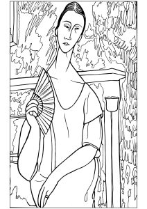 Printable Masterpiece Coloring Page for adults : Amedeo Modigliani - Woman with a Fan (Lunia Czechowska) (1919)