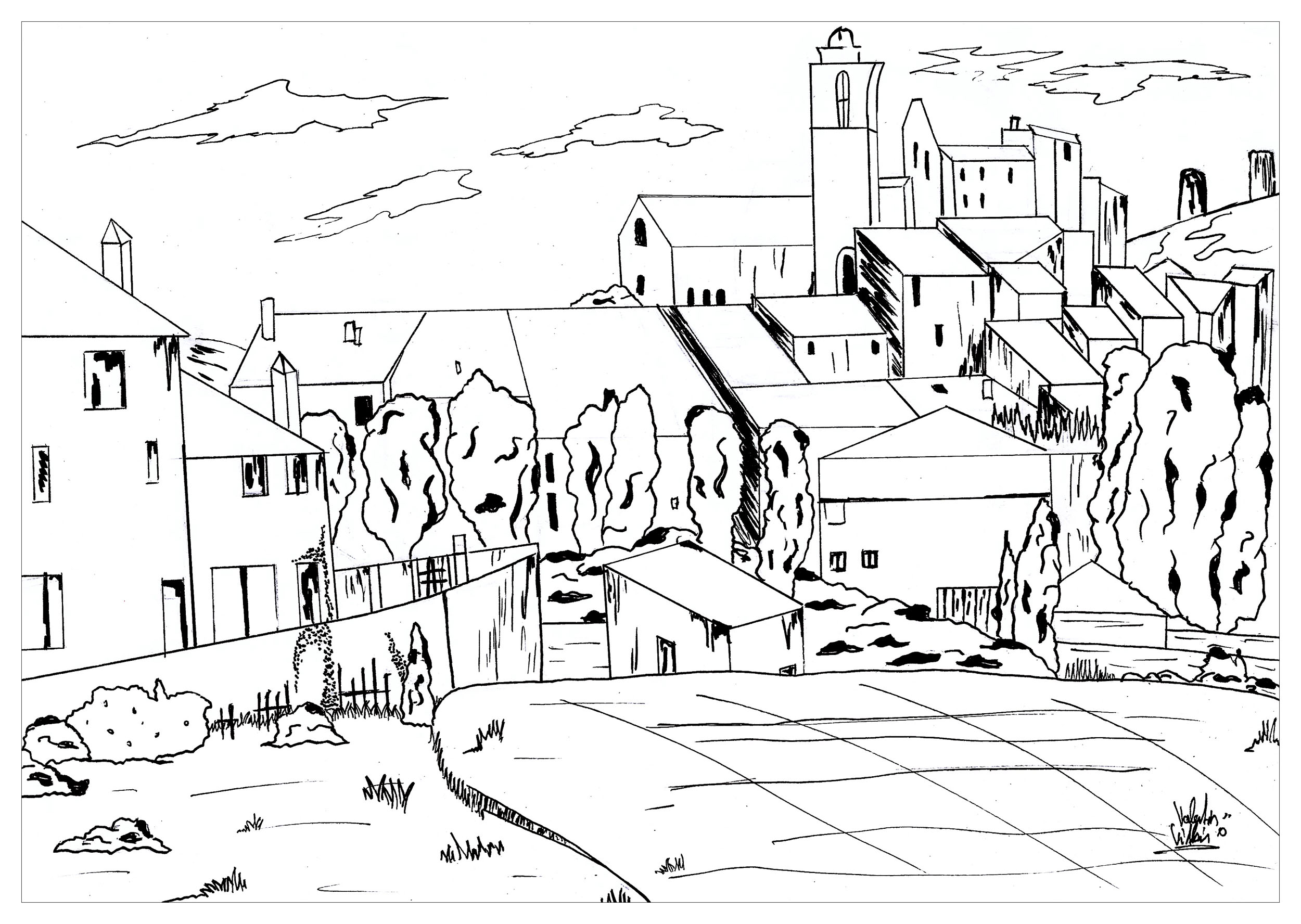 Coloring page inspired by a painting by Paul Cézanne, Gardanne, Artist : Valentin