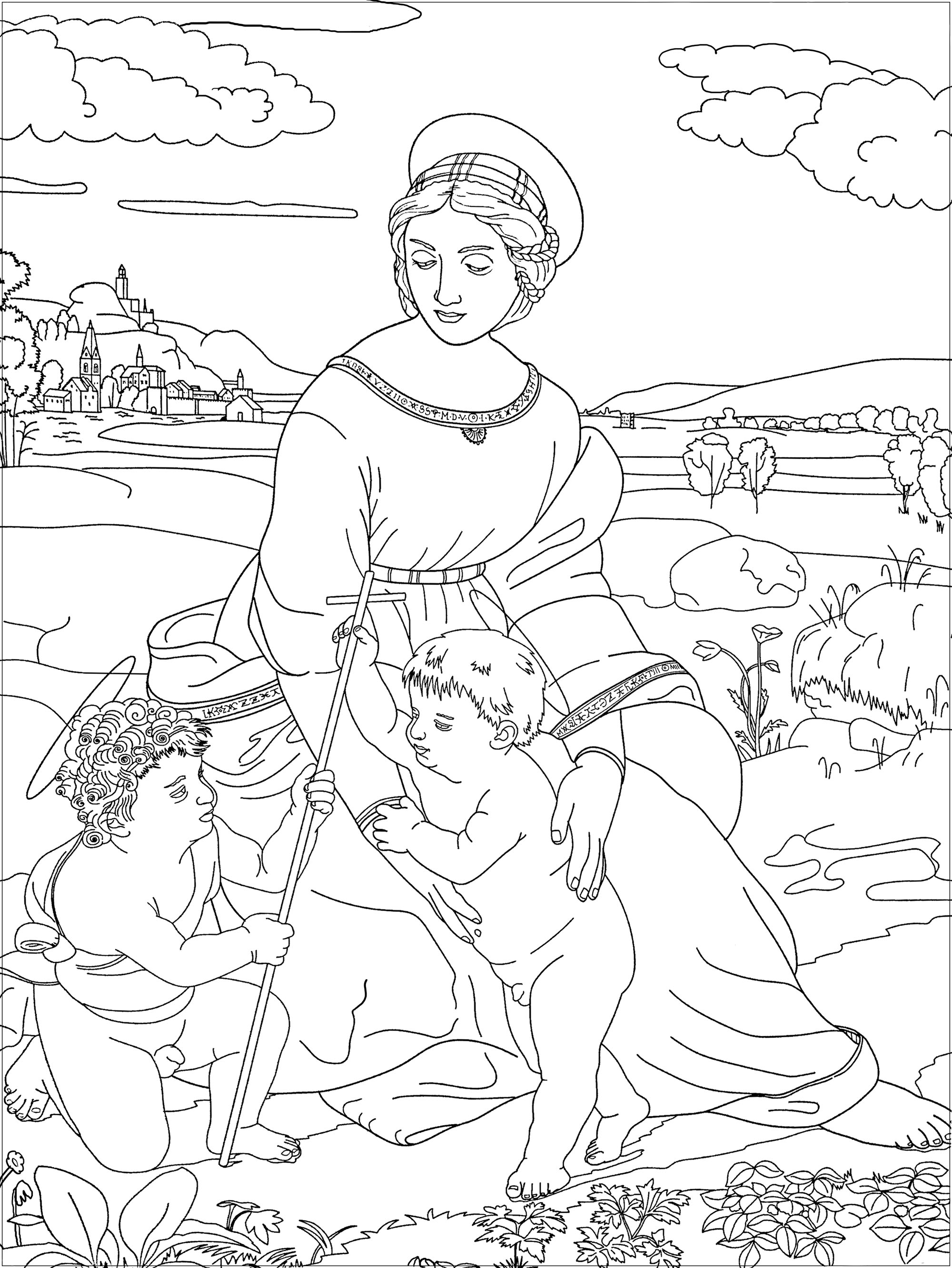 Coloring page inspired by a work by Raphaël : Madonna of the Meadow
