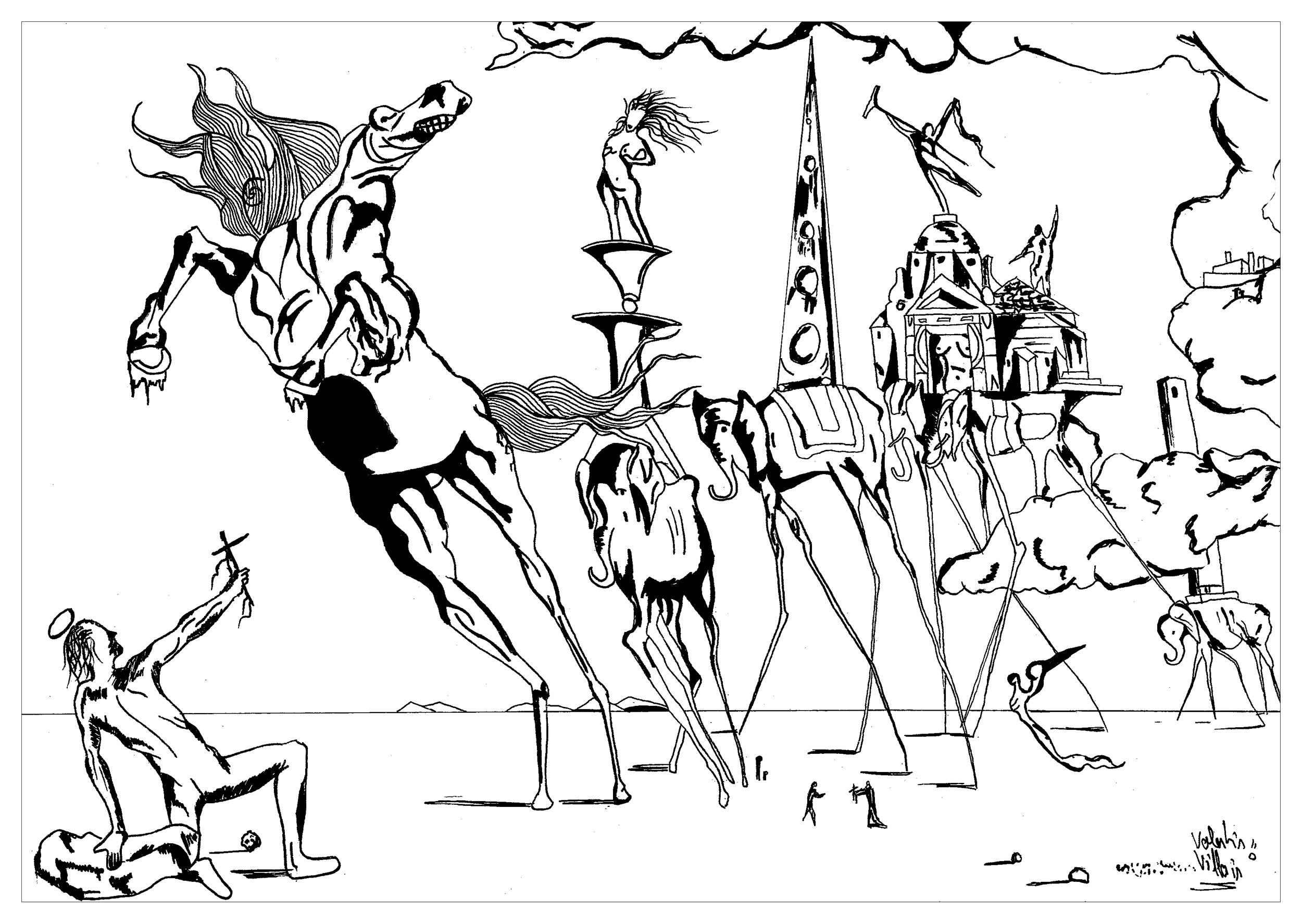 Coloring page inspired by the painting The Temptation of Saint Anthony by Salvador Dali, Artist : Valentin