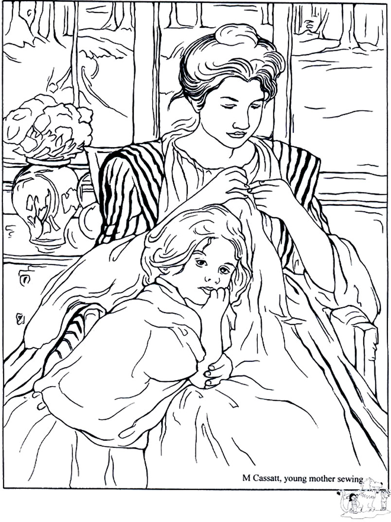 Cassat Youg Mother Sewing Masterpieces Adult Coloring Pages