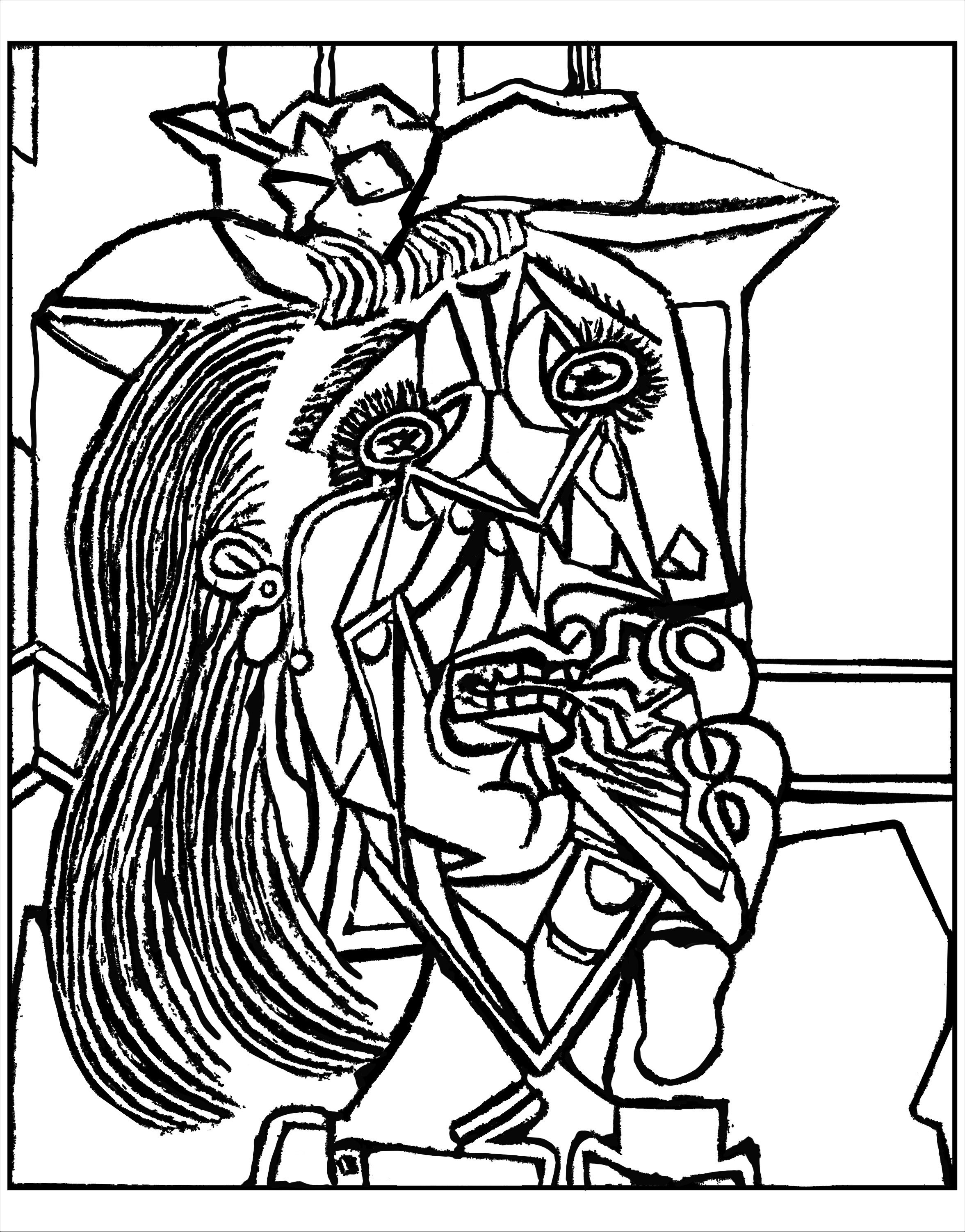 Coloring page created from Picasso's masterpiece 'Weeping woman' (1937)