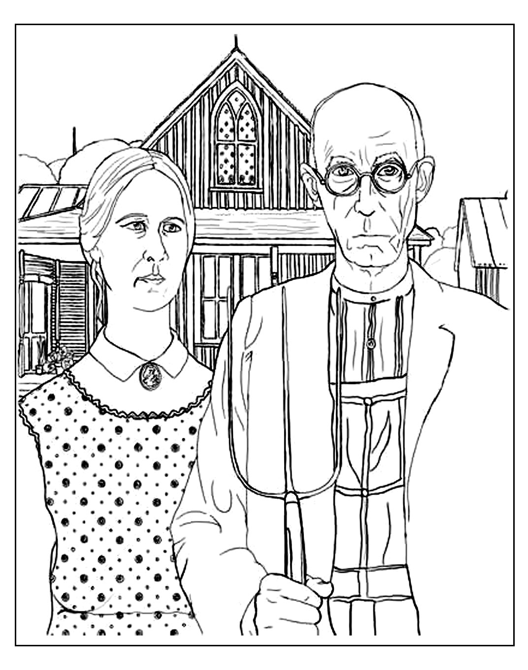 Coloring page for adult of American Gothic, the famous painting by Grant Wood, depicting the rural american midwest