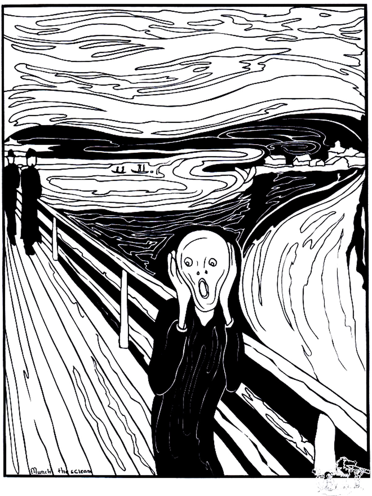 Coloring based on the painting 'The Scream' (1893) by Edvard Munch'. The Scream' is an emblematic painting that represents the sense of oppression and anguish that can sometimes overwhelm us.This coloring page is an excellent way to immerse yourself in the work of art. Just don't get too caught up in its mortifying atmosphere...