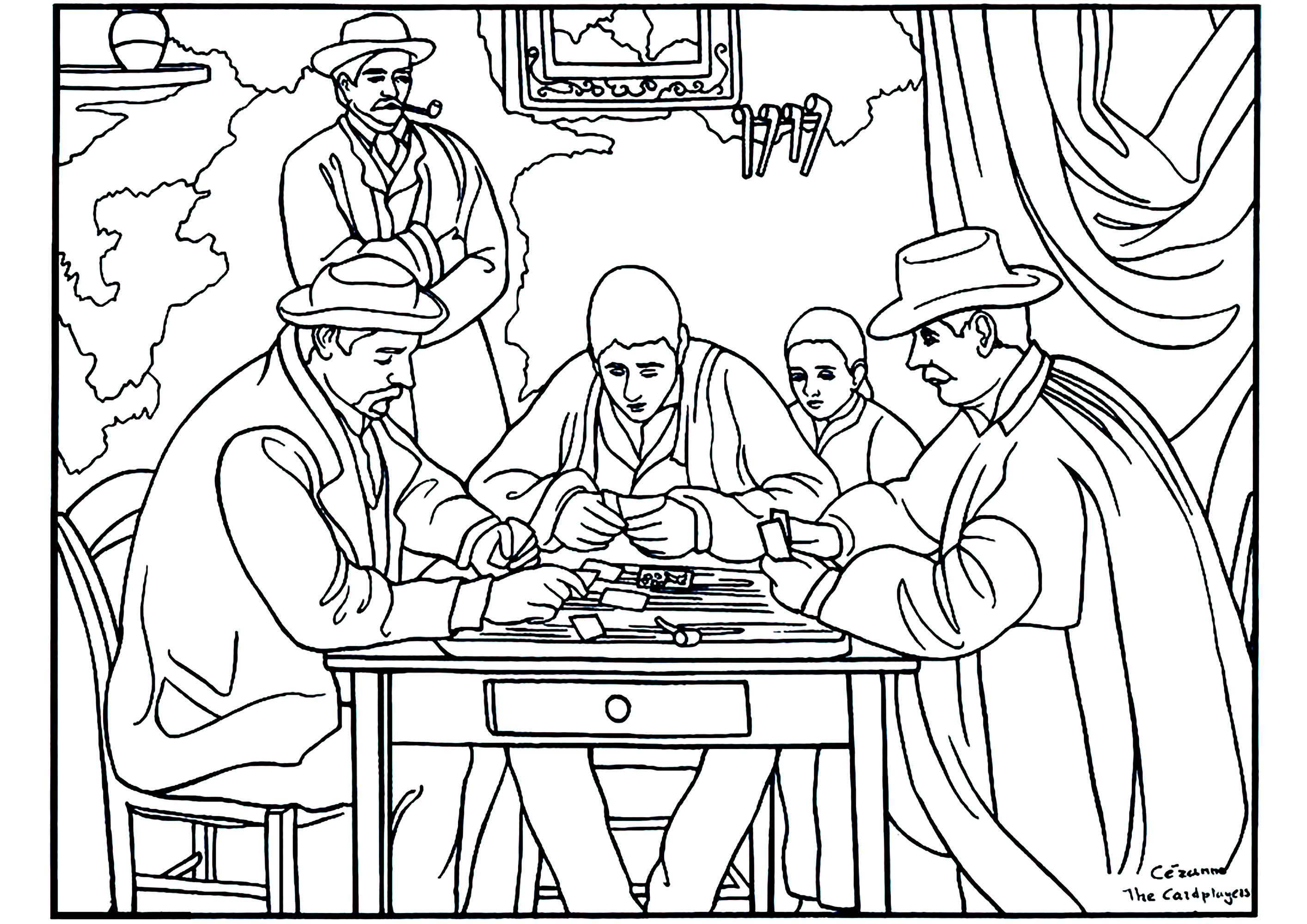 Coloring page inspired by 'The Card Players' by French Post-Impressionist artist Paul Cézanne. Cezanne, born in Aix-en-Provence in 1839, was one of the most important painters of the French post-Impressionist movement rejecting the previously expected straightforward representation of people and nature and putting emphasis on geometric elements and interlocking forms that he saw reality as being constructed from.