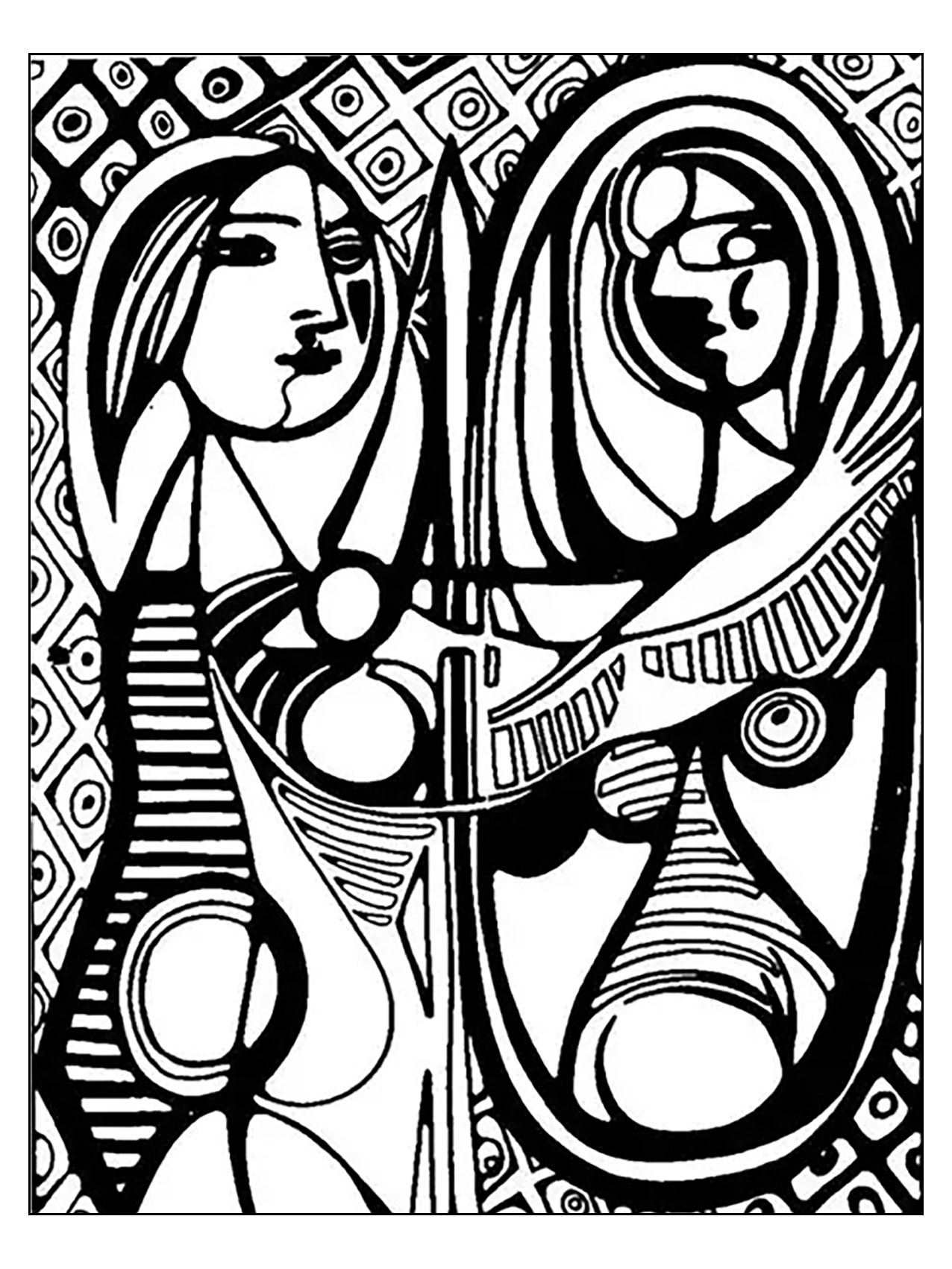 Coloring page inspired by 'Girl before a mirror' by Picasso (1932)