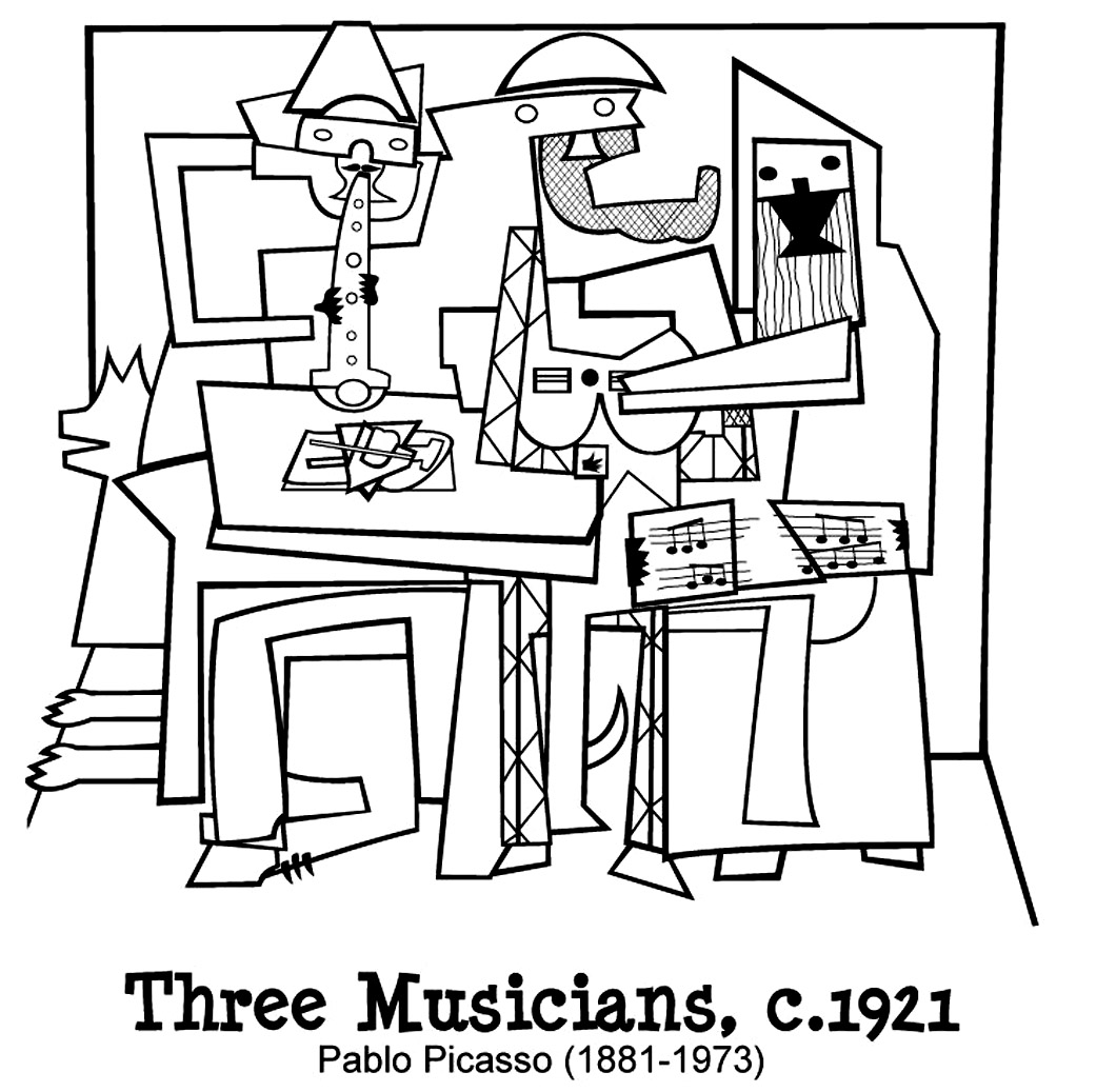 Coloring page created from the masterpiece 'Three musicians' by Pablo Picasso
